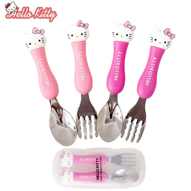 Hello Kitty Spoon Fork Travel Portable Cutlery Set 2pcs Set Kids Gadgets Dinnerware Set Stainless Steel Baby Cartoon Tableware