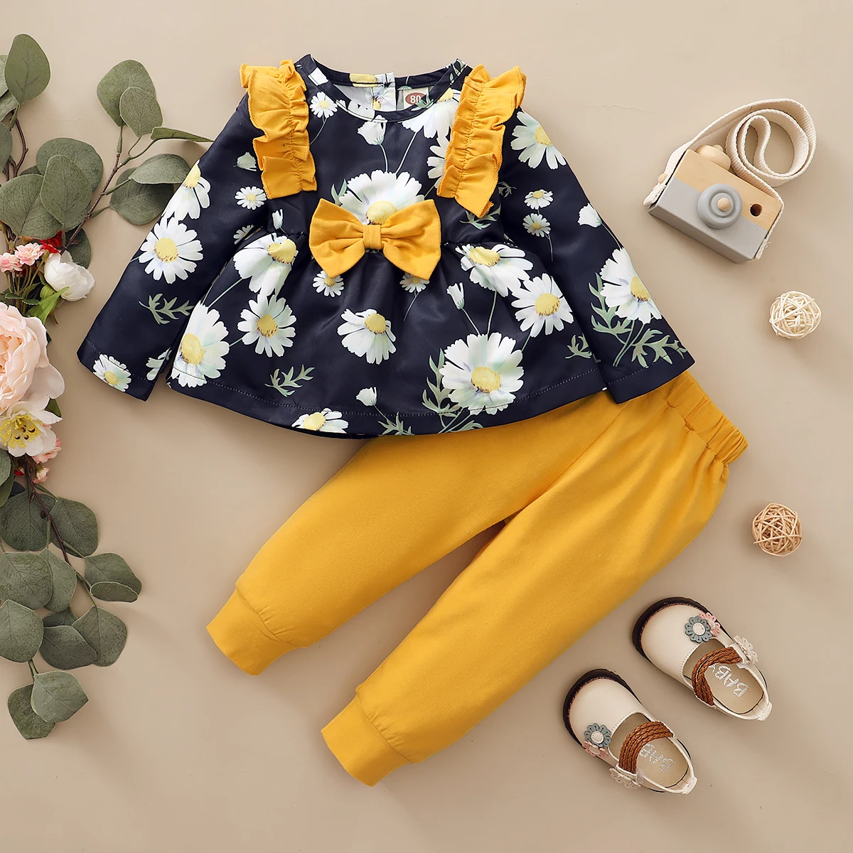 2PCS Clothes Set Toddler Girl Flower Long Sleeved Top with Bow+Pants Spring and Autumn Fashion Outfits for Kids Girl 1-4Years