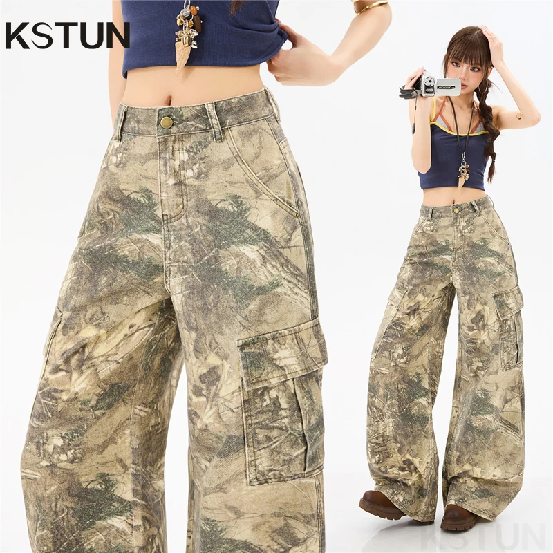 KSTUN 2026 Pure Cotton Cargo Pants For Women Wide-leg Trousers Loose American Outdoor Work Pants Camouflage Vintage Printing