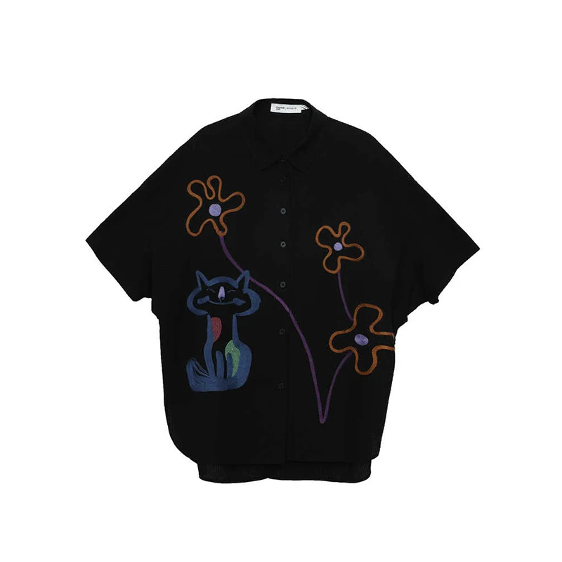 MOVEUP Short Sleeves Casual Shirt 2026 Summer New Pure Cotton Contrast Color Embroidered Curved Hem Shirt For Women 325220410