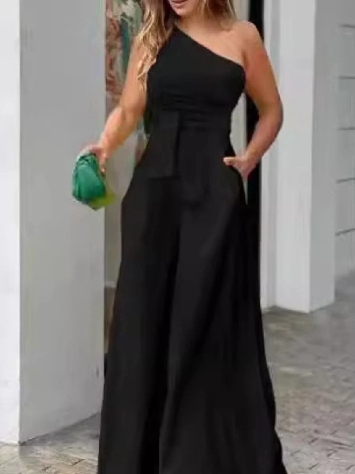 

Женский комбинезон с высокой талией и широкими штанинами, на одно плечо, повседневный, с длинными брюками, с одним карманом, модный женский костюм