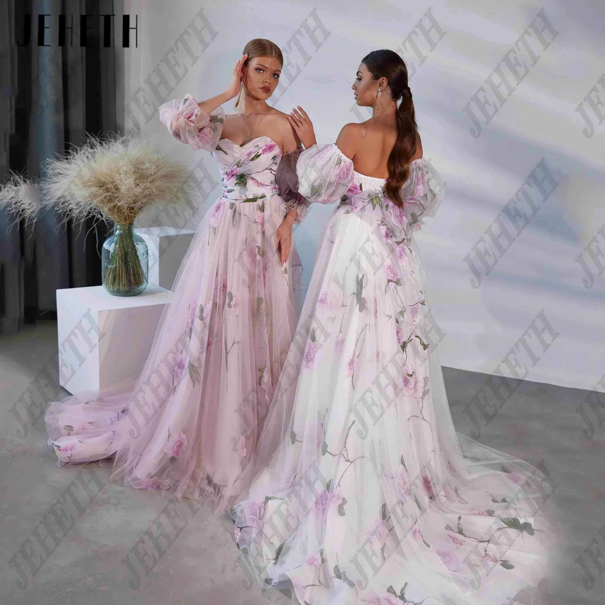 

JEHETH Flowers Long Prom Dresses Strapless Puff Sleeve Special Occasion Gowns for Women Sweep Train Evening Dress Customized