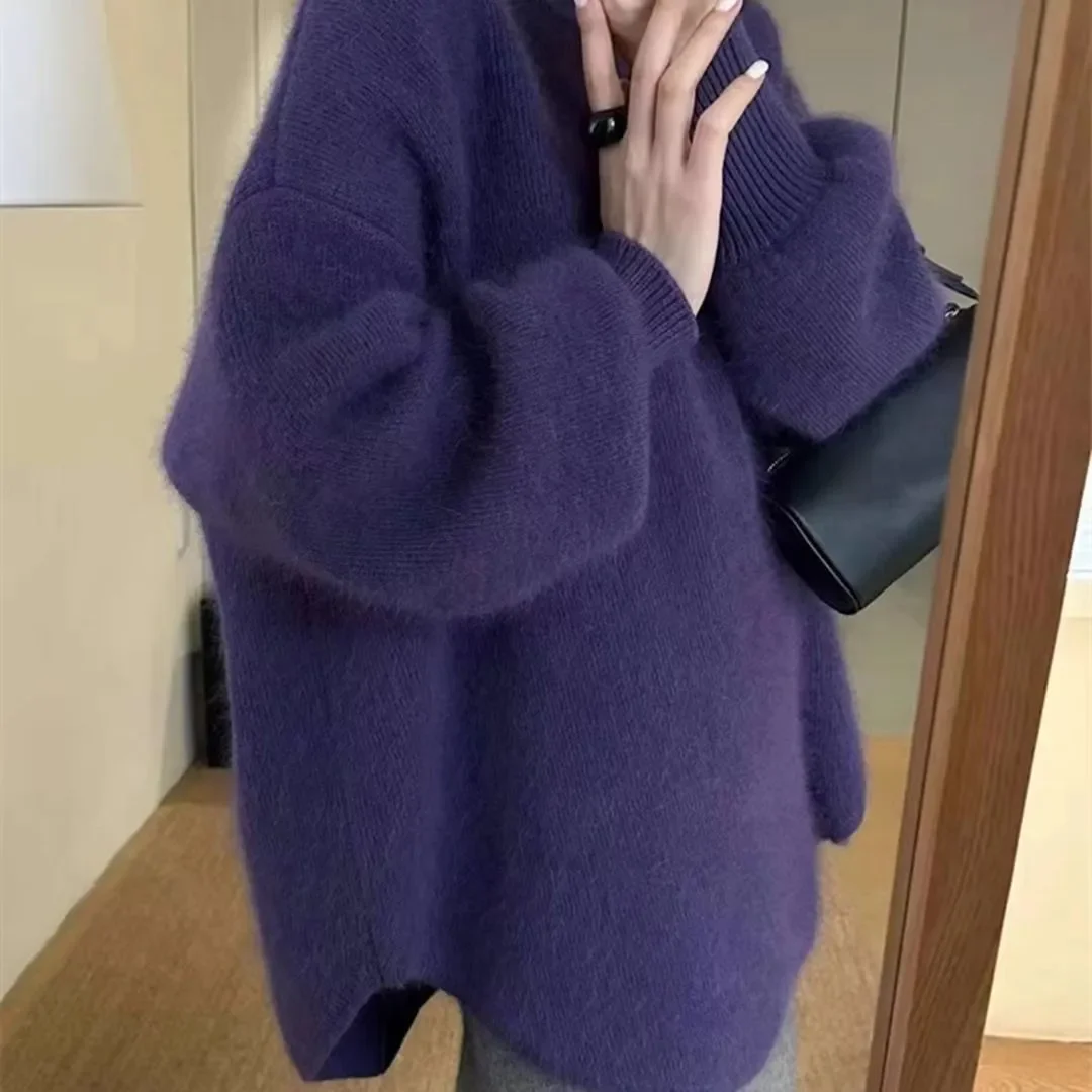 Women Fuzzy Mohair Sweater Loose Lantern Sleeve Crew Neck Long Knit Jumper Casual Warm Pullover Tunic Top