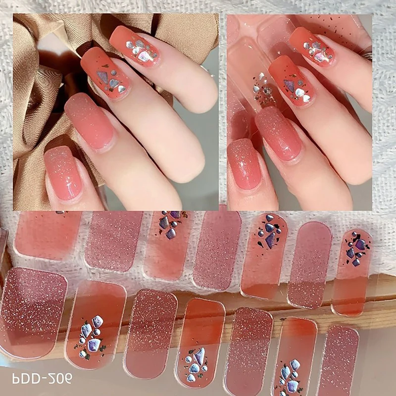 14Tips Gel Nail Stickers Semi Cured Full Cover Stickers Gel Nail Patch Polish Strips DIY Nail Art Making Waterproof Manicure Art