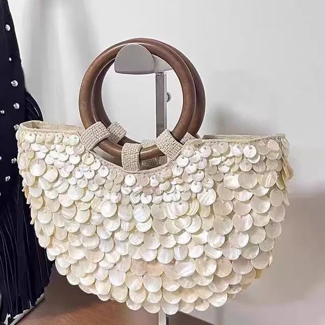 Handmade Fairy Beaded Bag​​ Shell Embellishments​​ ​Compact Size​​ Woven Shoulder Bag​​ ​​Large Capacity Mermaid Style​​
