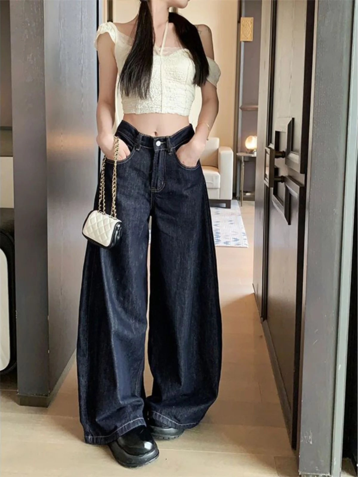 Jeans met hoge taille en wijde pijpen Dames losse rechte lange broek Amerikaanse retro getailleerde diepblauwe denim ort plus size broek
