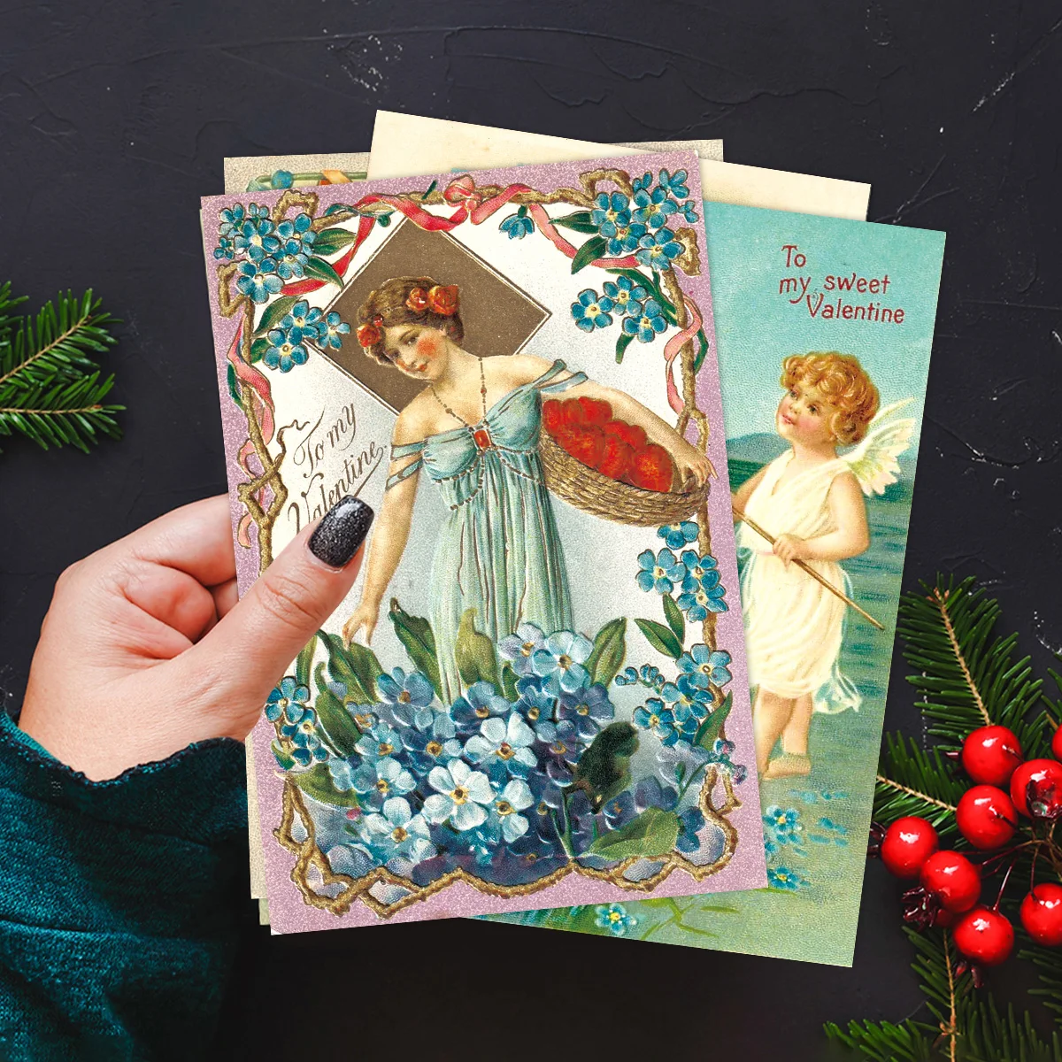 빈티지 발렌타인 데이 하트 인사 카드, 빅토리아 발렌타인 데이 엽서, 벽 아트 룸 장식, 여성용 사랑 선물, 12 개