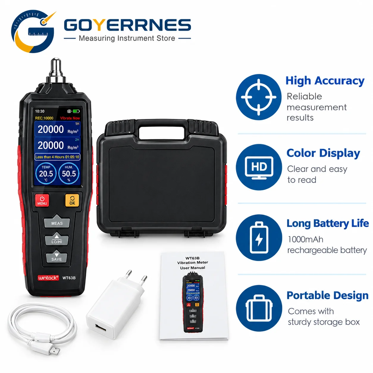 WT63B Vibration Meter Analyzer 0.1-199.9m/s2 Acceleration Velocity Displacement Tester for Machinery HVAC Motor Pump