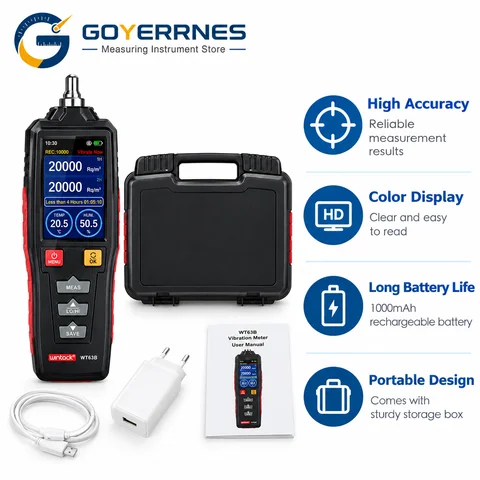 WT63B Vibration Meter Analyzer 0.1-199.9m/s2 Acceleration Velocity Displacement Tester for Machinery HVAC Motor Pump