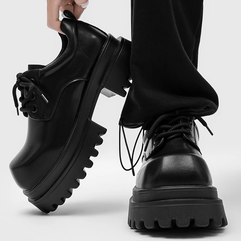 men casual business office original leather shoes lace-up platform derby shoe black designer big toe sneakers stylish footwear