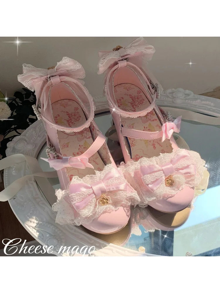

Sweet Girl Cosplay Wedding Lolita Shoes Cute Princess Bow Lace Elegant Tea Party High Heels