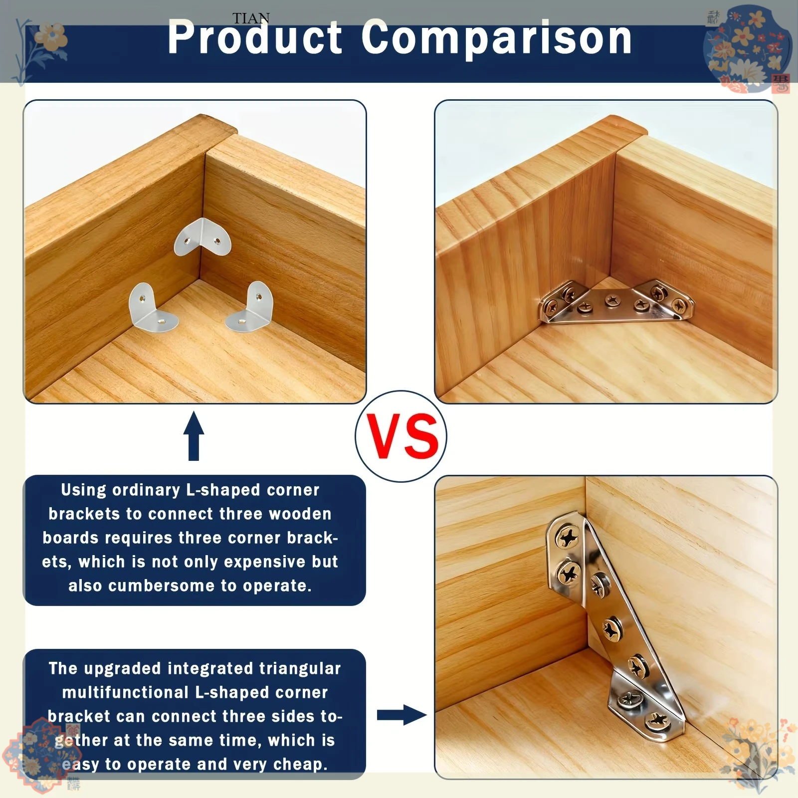 Stainless Steel Corner Brace 90 Degree Right Angle Bracket with Screws, Heavy Duty Corner Reinforcer for Furniture DIY Hardware