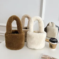 Faux Lamb Wool Women's Small Bucket Bags Winter Fashion Ladies Plush Shoulder Crossbody Bag Soft Furry Purse Female Handbags