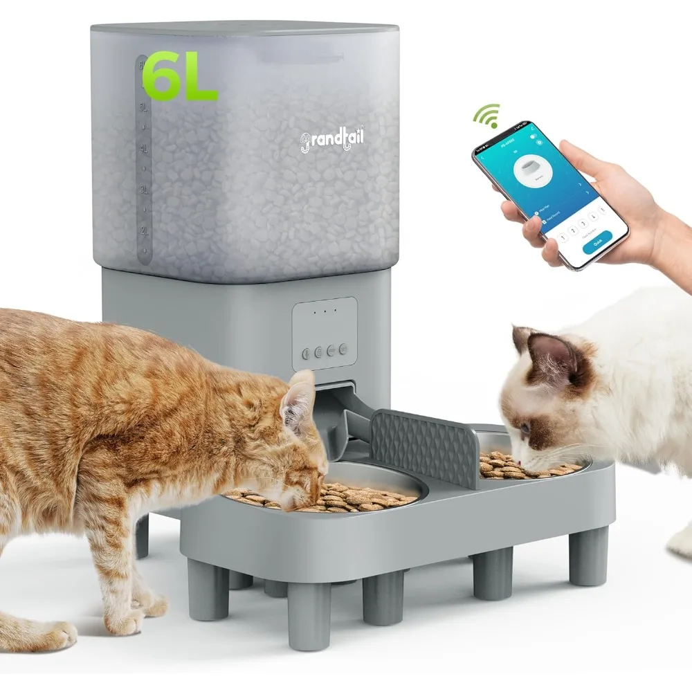 

WiFi Automatic Cat Feeder with App - 6L Elevated Smart Food Dispenser for 2 Pets, Programmable 1-10 Meals, 2 Stainless Bowls & D
