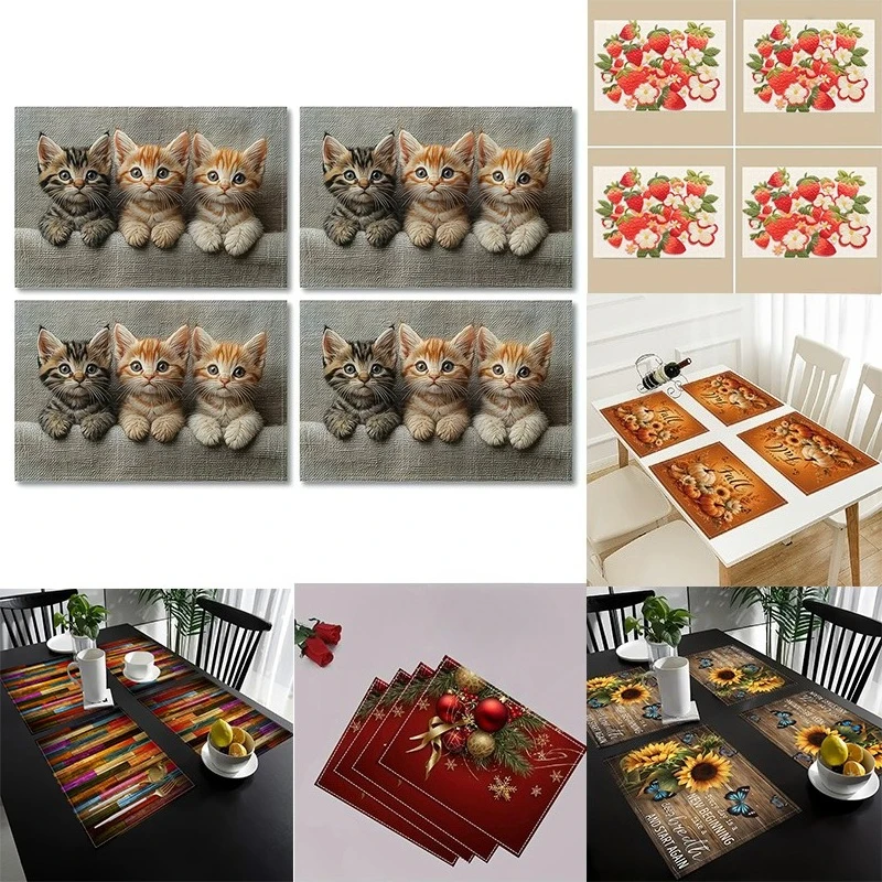 Cute Kittens Linen Texture Print Rectangular Placemats  Pet Lover Farmhouse Dining Table Decor Table Mats 4/6/8PCS
