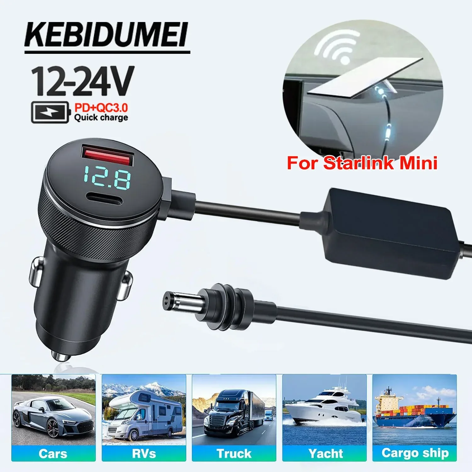 For Starlink Mini Power Adapter,18AWG 12V-24V to 30V 2A Booster Cable,QC3.0+PD Type C Phone Charger Waterproof Digital Voltmeter