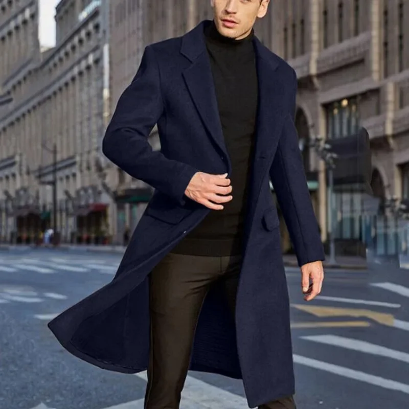 

New Men's Long Woolen Windbreaker Warm Fit Coat Single Breasted Coats Trench Coat Men