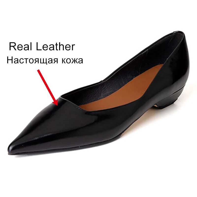 JOZHAMTA Size 34-39 Women Pumps Patent Real Leather Chunky Low Heels Shoes Wedding Sexy Pointy Toe Vintage Office Lady Dress