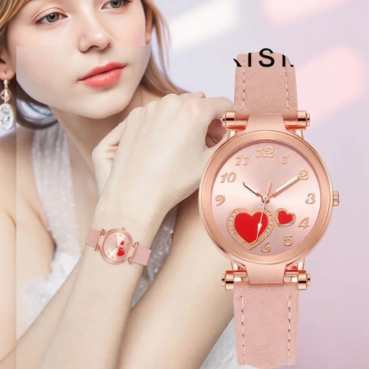 Women Fashion Watch Peach Heart Quartz Watch for Women Frosted Leather Strap Ladies Wristwatch Casual Dress Watch Gift for Her
