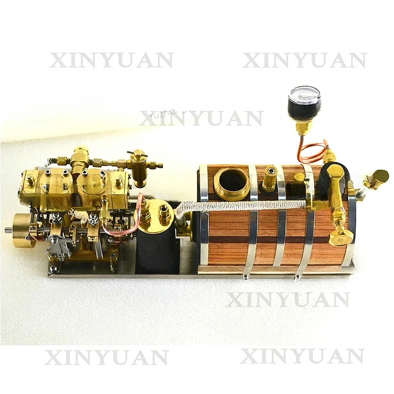 Steam Engine, Two-Cylinder Reciprocating Power Group Retro Model Equipped with Single Vertical and Horizontal Boiler