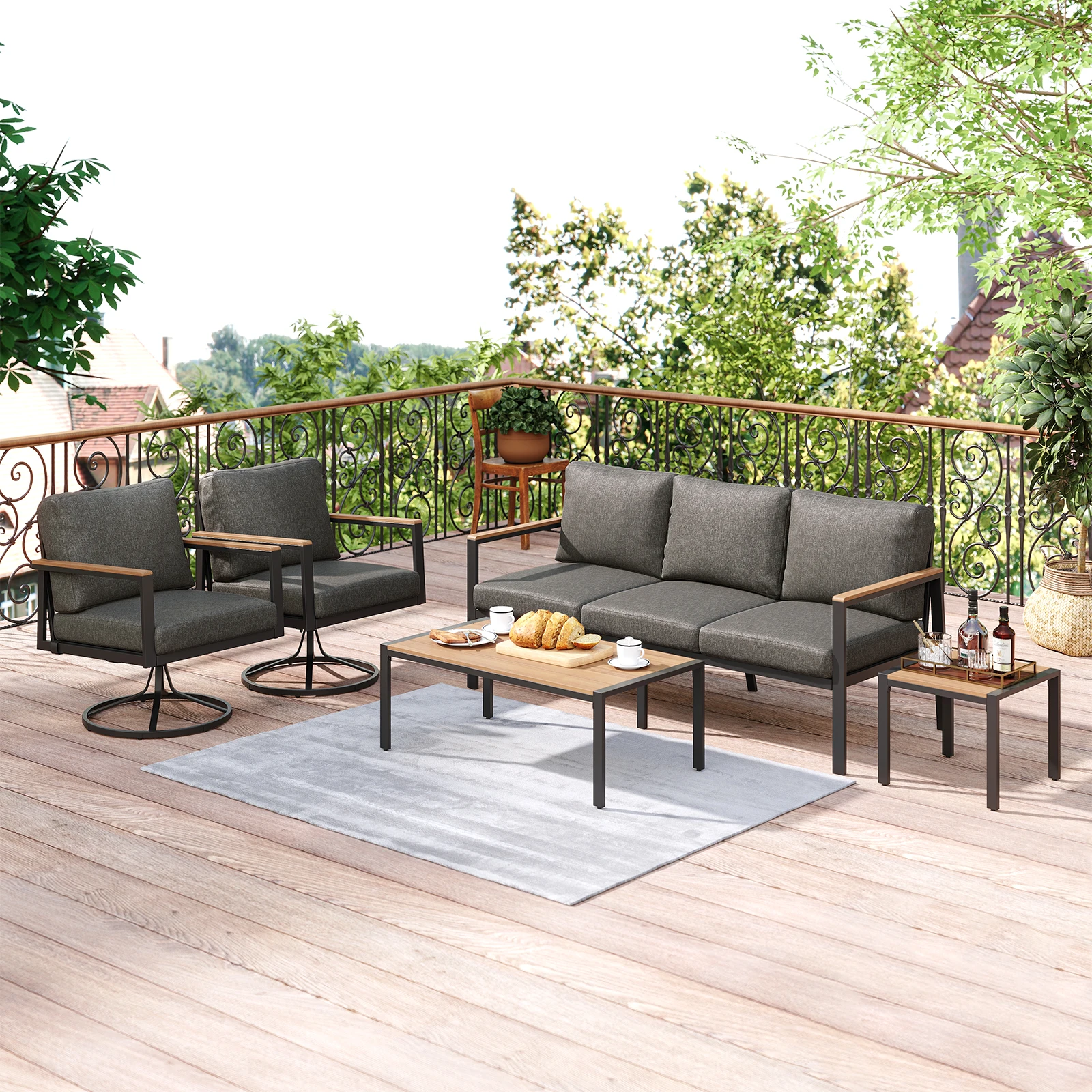 

Patio Sofa Set, Outdoor Patio Conversation Set with Swivel Chairs, Coffee Table, End Table for Porch, Backyard, Front Deck