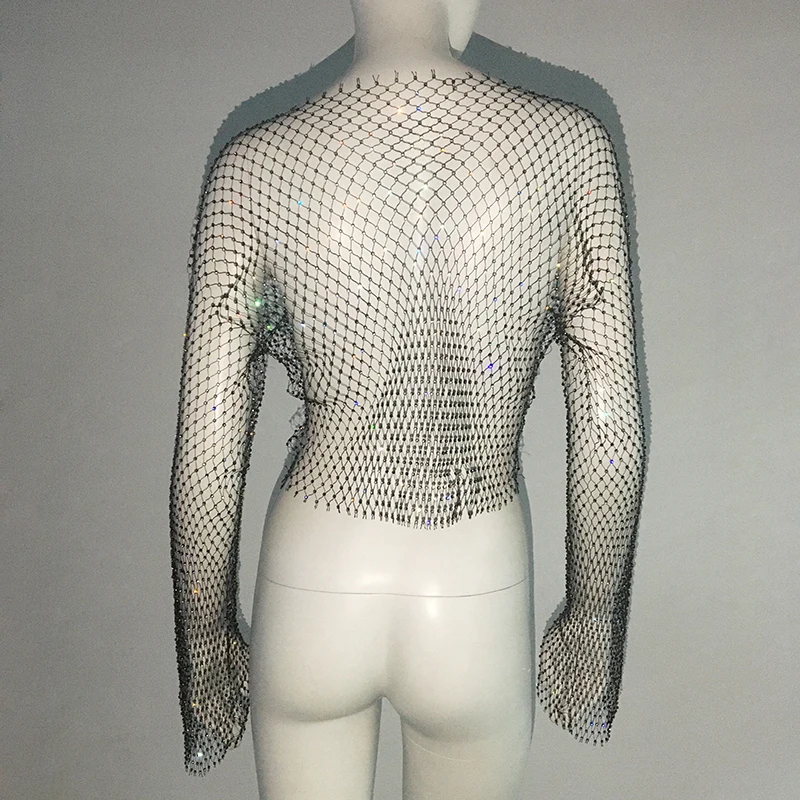 Akyzo Frauen Glitter Strass Fisch netz Crop Top Mesh durchsichtig T-Shirt aushöhlen Langarm Y2k Rave Party Club Tanktops