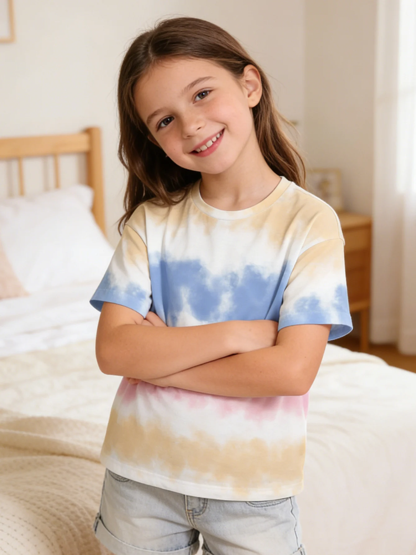 2026 Camiseta de manga corta con tinte anudado degradado amarillo, blanco, azul y rosa para niñas, Top informal, ropa de verano