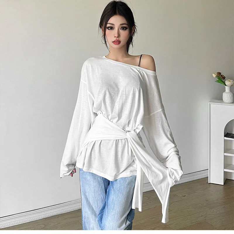 Women Vintage Lazy Wind Skew Collar Off Shoulder Long Sleeve T-shirt Spring Autumn Solid Chic Bandage Commute Tops JJ214