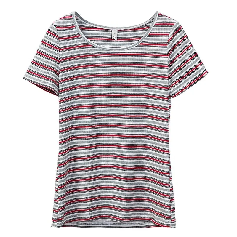 Stretchy Striped Women\'s T-Shirt Casual O-Neck Short Sleeve Tee Summer Lady Top Cheap Woman Clothing