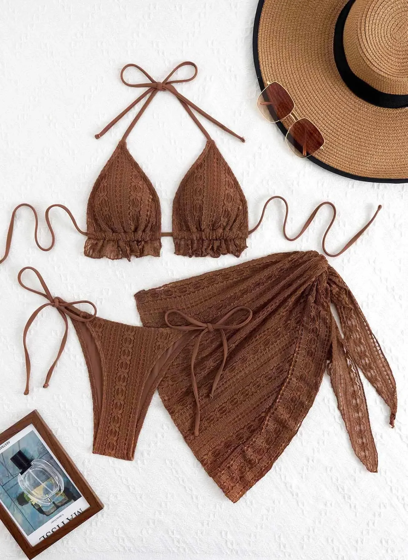

Sexy Coffee Bikini 2025 Women Ruffles Push Up Bra Triangle Swimsuit Summer Bathing Suit Mesh Skirt 3 Piece Swimwear Biquini