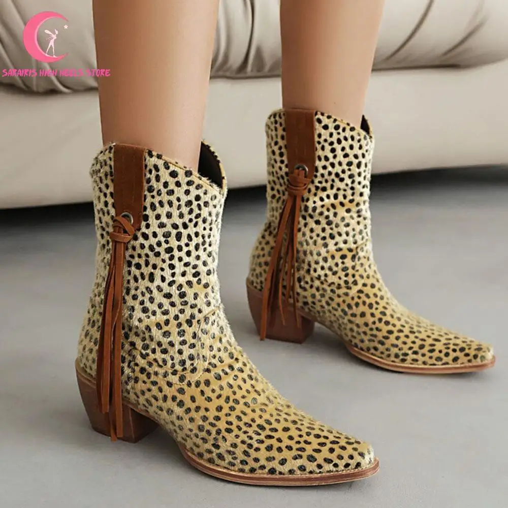 Brand New Chunky Leopard Women Ankle Boots Tassel Pointed Lace Up Vintage Shoes For Women Platform Fashion Modern Shoes Women