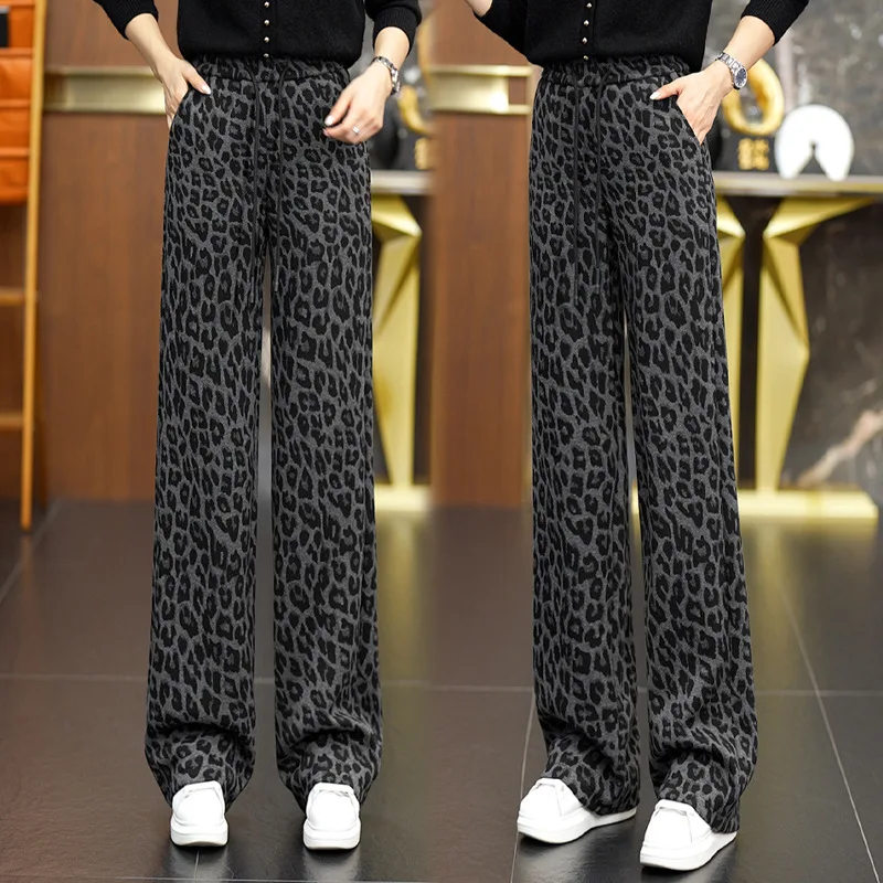 

Leopard Print Wide-Leg Casual Pants for Women, New Autumn and Winter High-Waisted Loose Fit, Hip-Covering Slimming Unique Long P