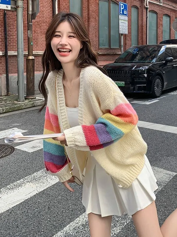 

Цвет радуги Blo Knit ort Кардиган V-Ne Весна Осень Новый Sle Lazy Faion ature Трикотажная модная верхняя одежда