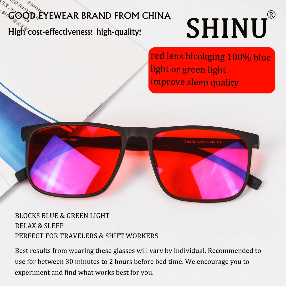 SHINU Good Sleep Blaulicht-blockierende Brille für Herren, rote Gläser, Anti-Grünlicht, beseitigt die Belastung der Augen, kann individuell angepasst werden – Detail 23