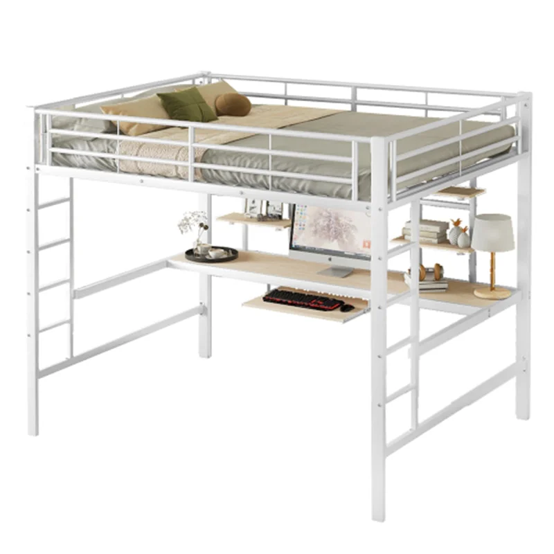 High bed 140*200 cm bed frame metal bed iron bed high bed with desk and two bookshelves for children teen