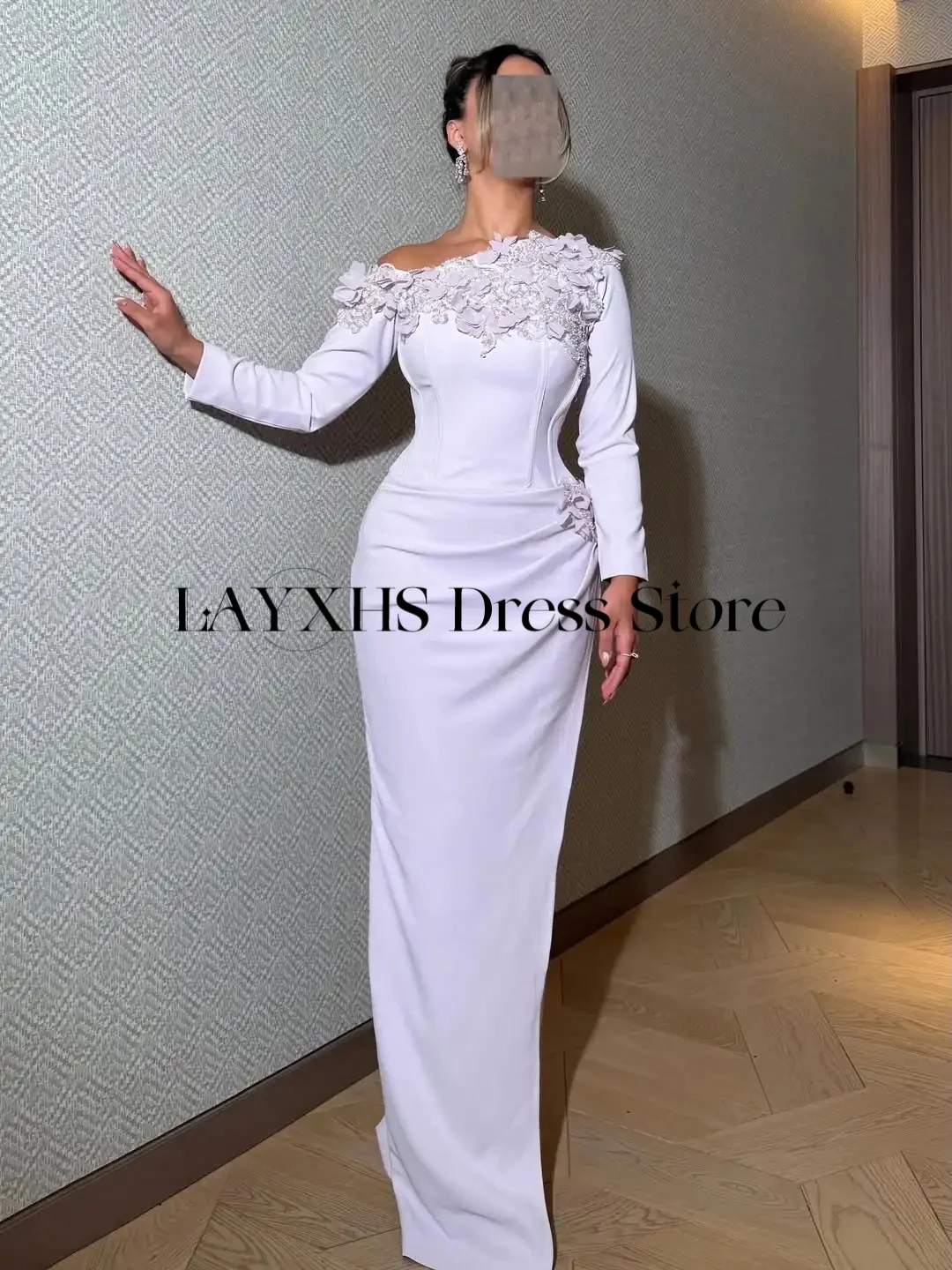 LAYXHS Abiti da sera eleganti monospalla Manica lunga Fiori con perline Abiti da ballo a sirena Abiti personalizzati