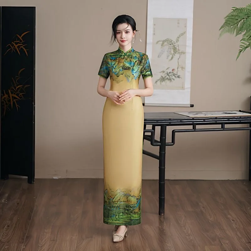 

Woman Vietnam Traditional Cheongsam Short Sleeve Vintage Printed Evening Banquet Party Long Aodai Dress