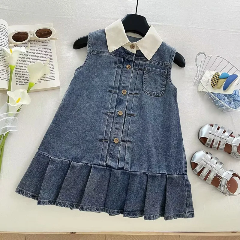

2025Summer Girls' Denim Dress Baby Girl Turn-Down Collar Vest Dress Children's Fashionable Trendy Cool Style Dress