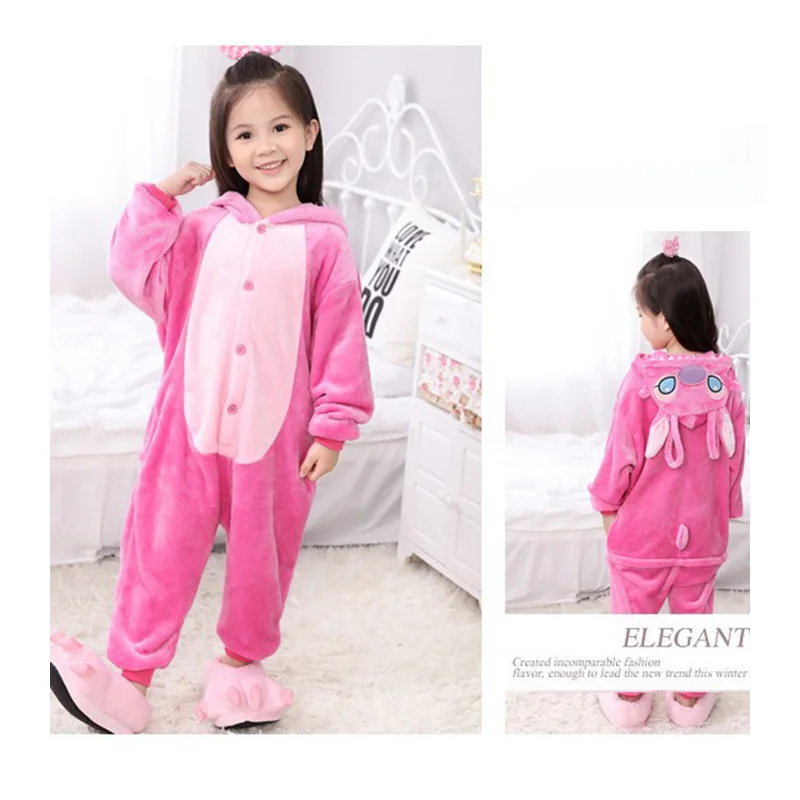 Kawaii Anime Stitch Angel Cosplay Costume Lilo Stitch Cute One-Piece Pajamas Hooded Sleepwear Halloween Costume for Boys Girls