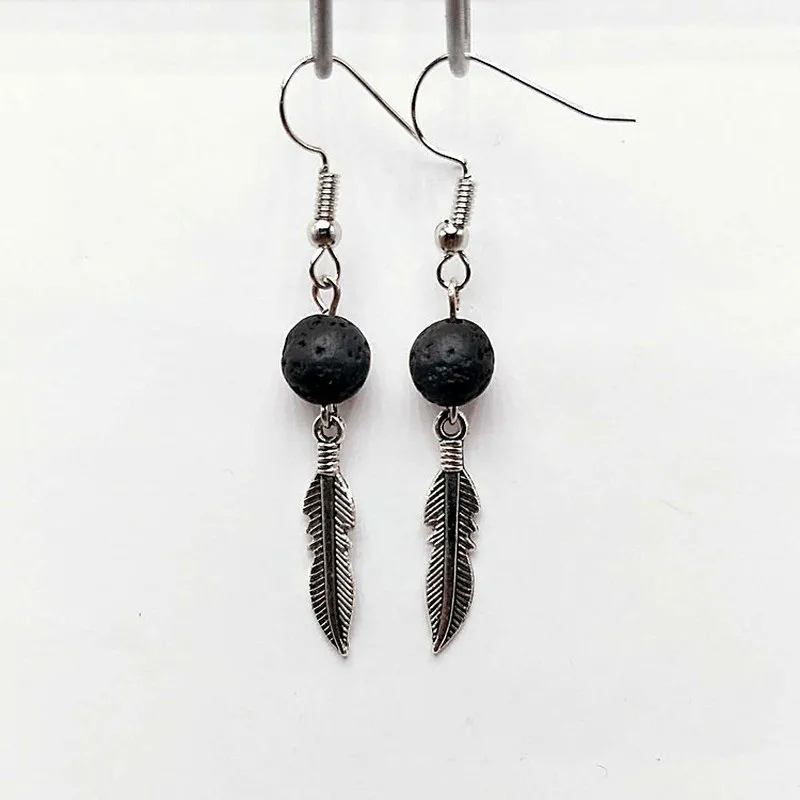 10pairs Black Volcanic Lava Stone Earrings Ally Feather Charms Earrings DIY Aromatherapy Essential Oil Diffuser Jewelry Women