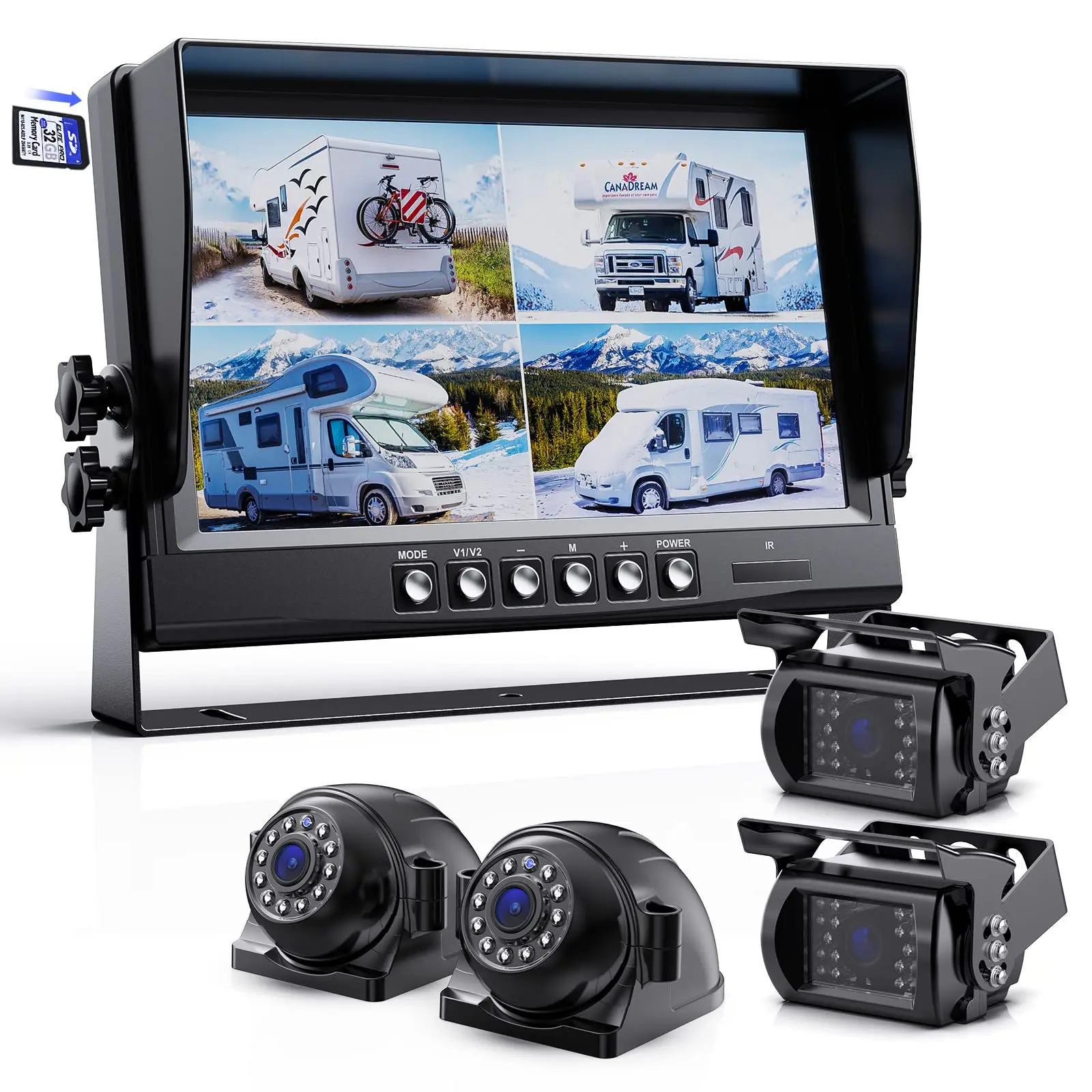 1080P HD Wired Backup Camera System 9 Inch DVR Monitor IP68 Waterproof Reverse Rear Side View Recording For Truck RV Trailer