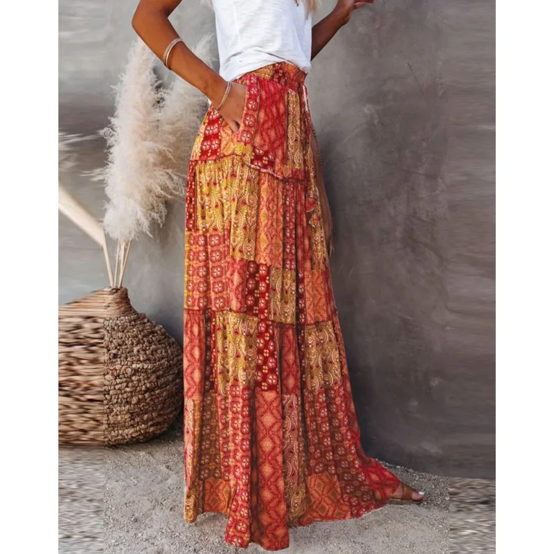 Women's Bohemian Long Skirts Summer Vintage Long Maxi Elastic High Waist A-Line Skirts Chic Tiered Skirts With Pockets Beachwear