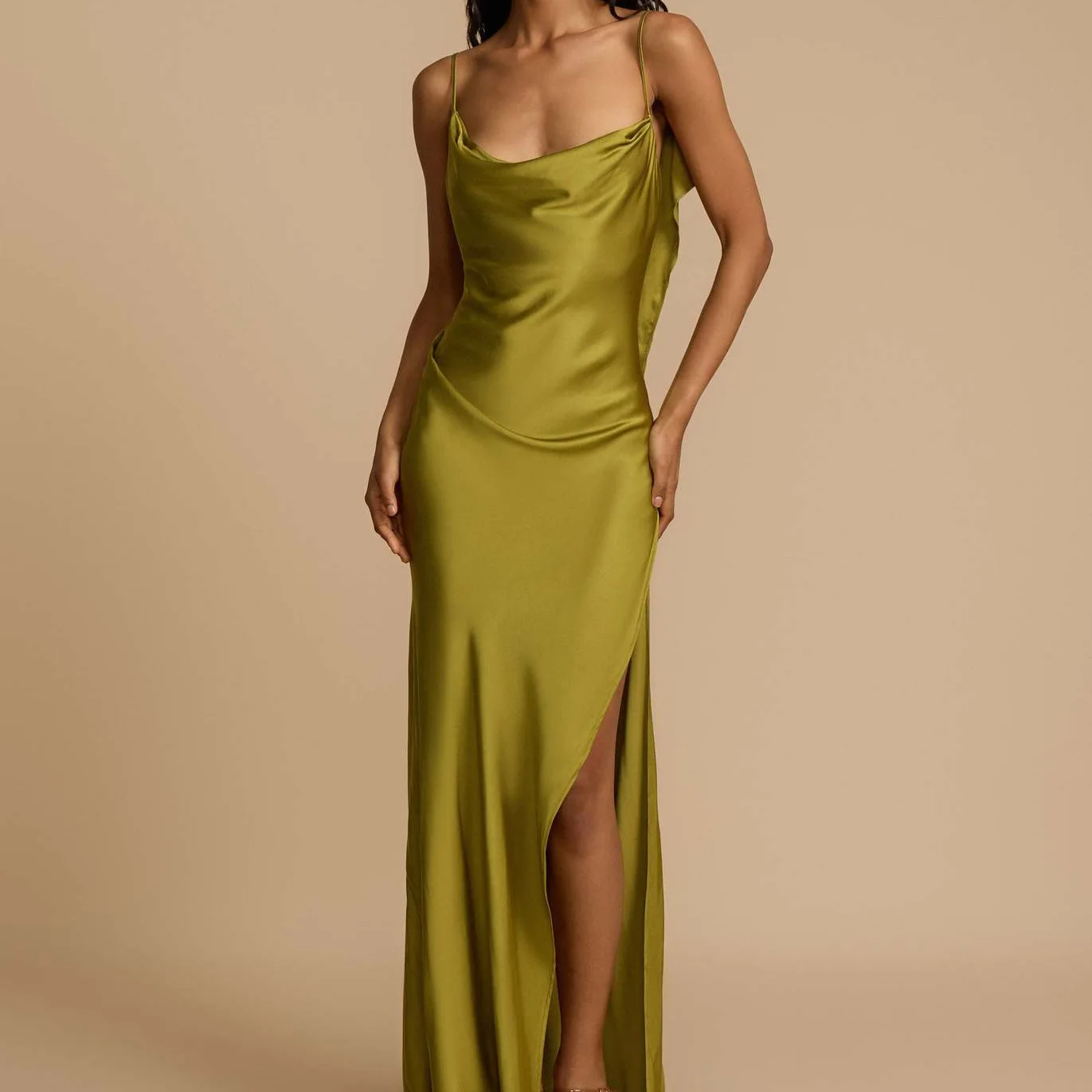 

2025 spring and summer women's dress temperament elegant satin ruffle edge high split women's dress