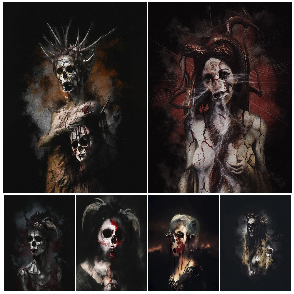 

Terrifying Skeleton Demon And Witch Portrait Vintage Wall Art Canvas Painting Pagan Devil Art Poster And Print Home Decoration