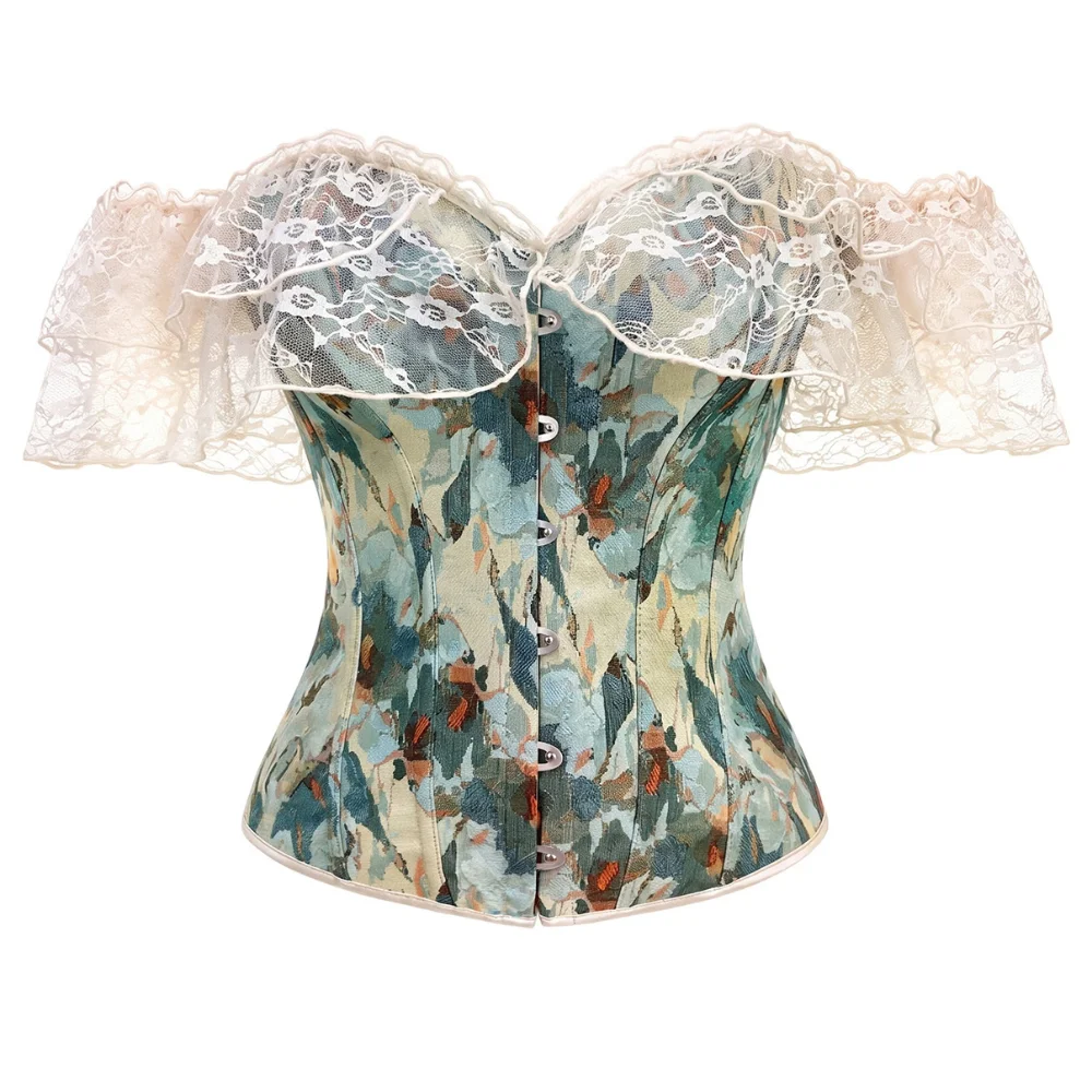 Women's Off-Shoulder Lace Corset Bustier Top Floral Print Front Hook Back Lace-Up Gothic Party Crop Top