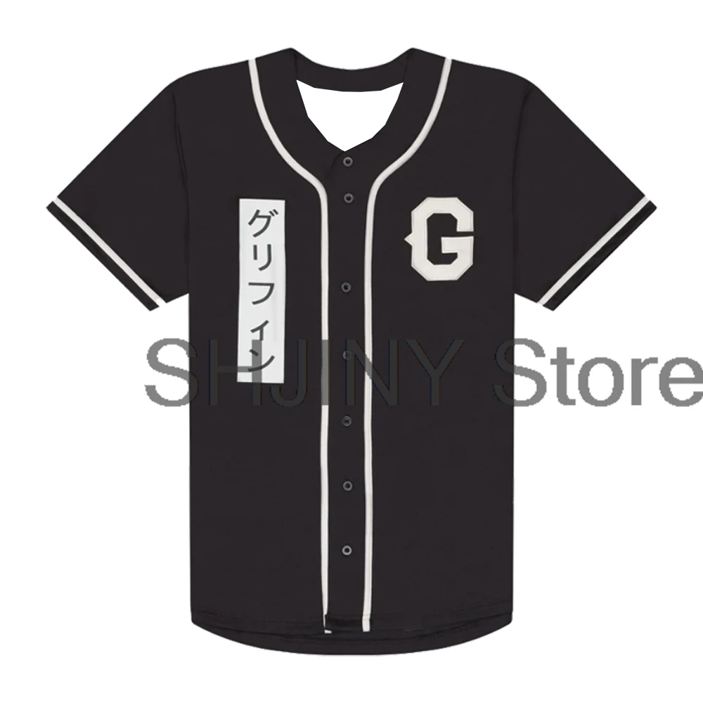 Gryffin Katakana Jersey Baseball Jacket Shirts V-Neck Short Sleeve Black Tee Women Men Streetwear Tops Hip Hop Clothes