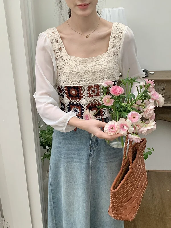 Granny Square Crochet Top Women Square Neck Long Sleeve Open-Knit Embroidery Floral Blouse Summer Fairycore Cottagecore Outfit