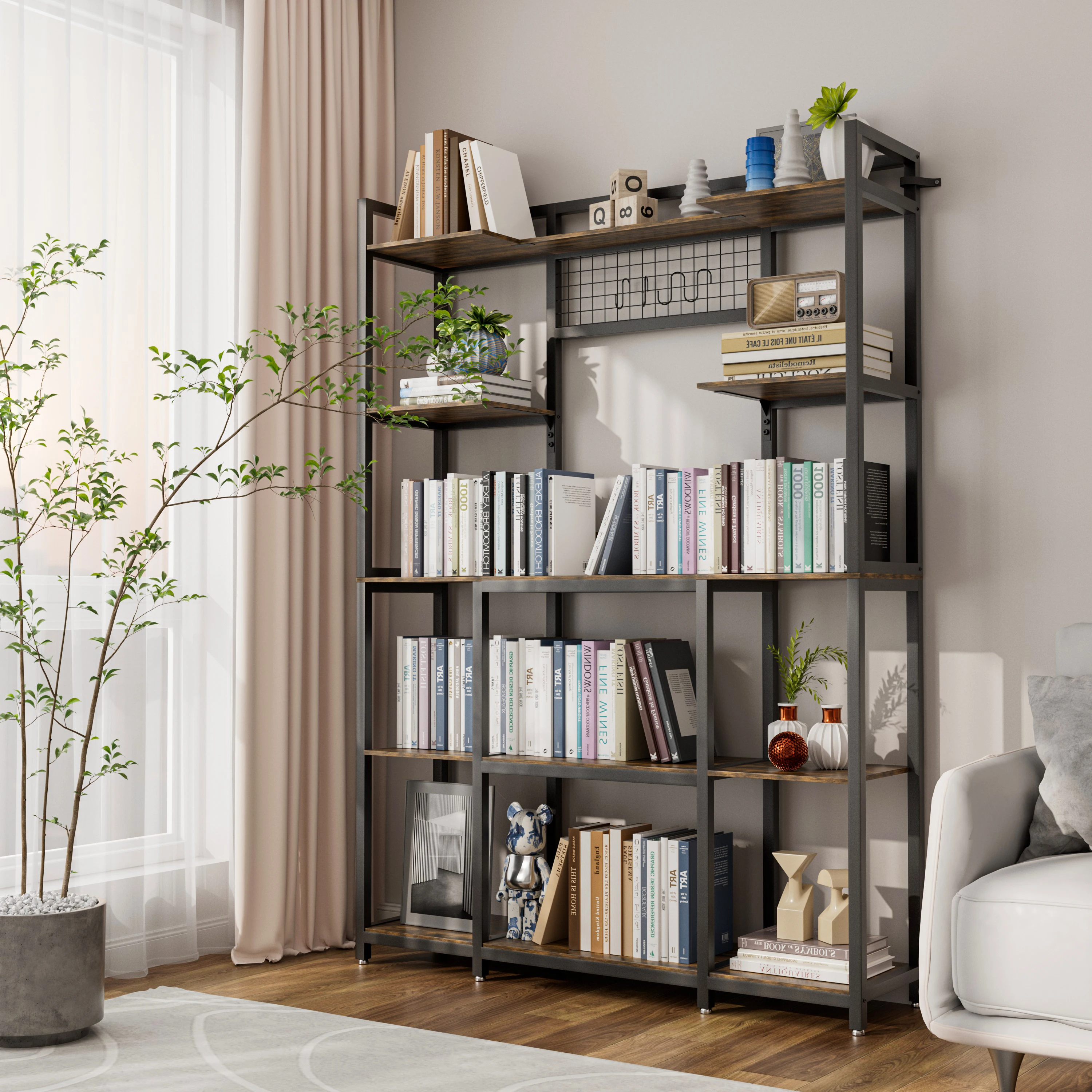 5-stöckiges Metall-Holz-Bücherregal Freistehendes Küchen-Aufbewahrungsregal Pflanzenständer Mikrowellenhalter