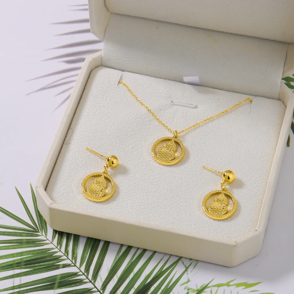 

Exquisite Gold Color Gourd Lucky Clavicle Pendant Necklaces For Women Fashion Light Luxury Gold Color Necklace Earrings Gifts