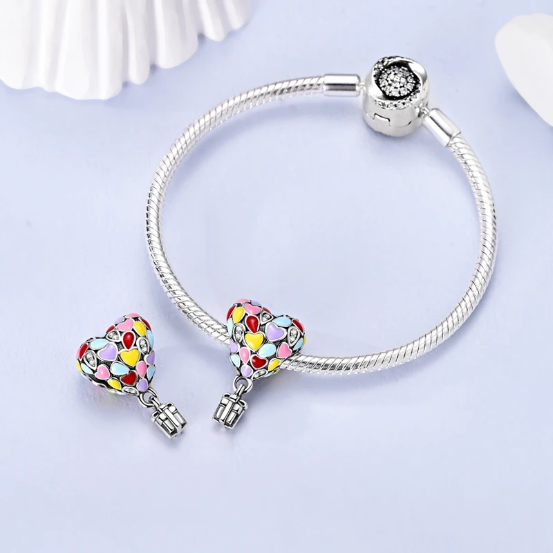 سحر الخرزة 925 الفضة الاسترليني على شكل قلب بالون ملون هدية مربع صالح الإسورة سوار قلادة DIY مجوهرات هدية #2